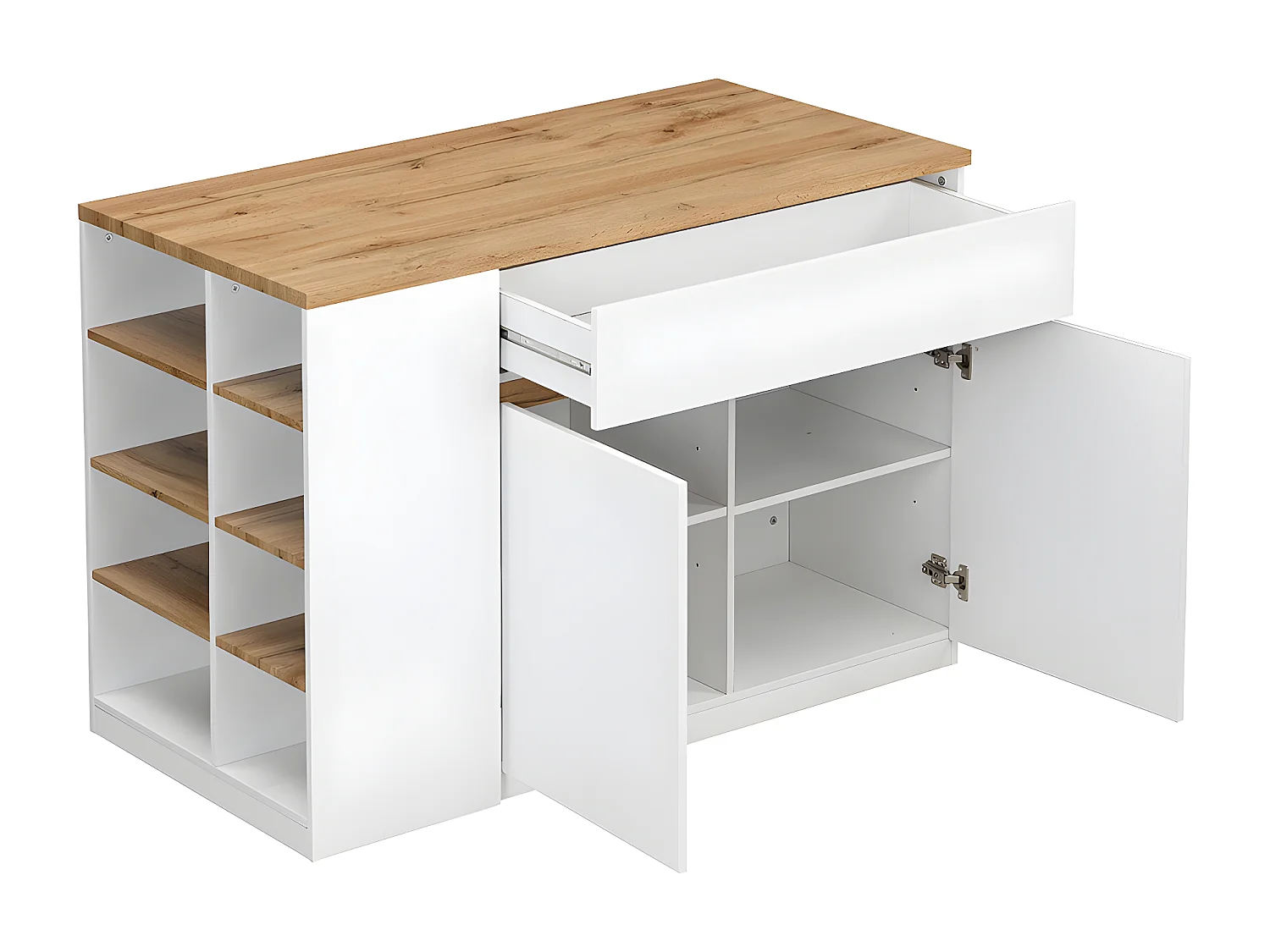 Isla de cocina MEILI con compartimentos - Blanco y roble