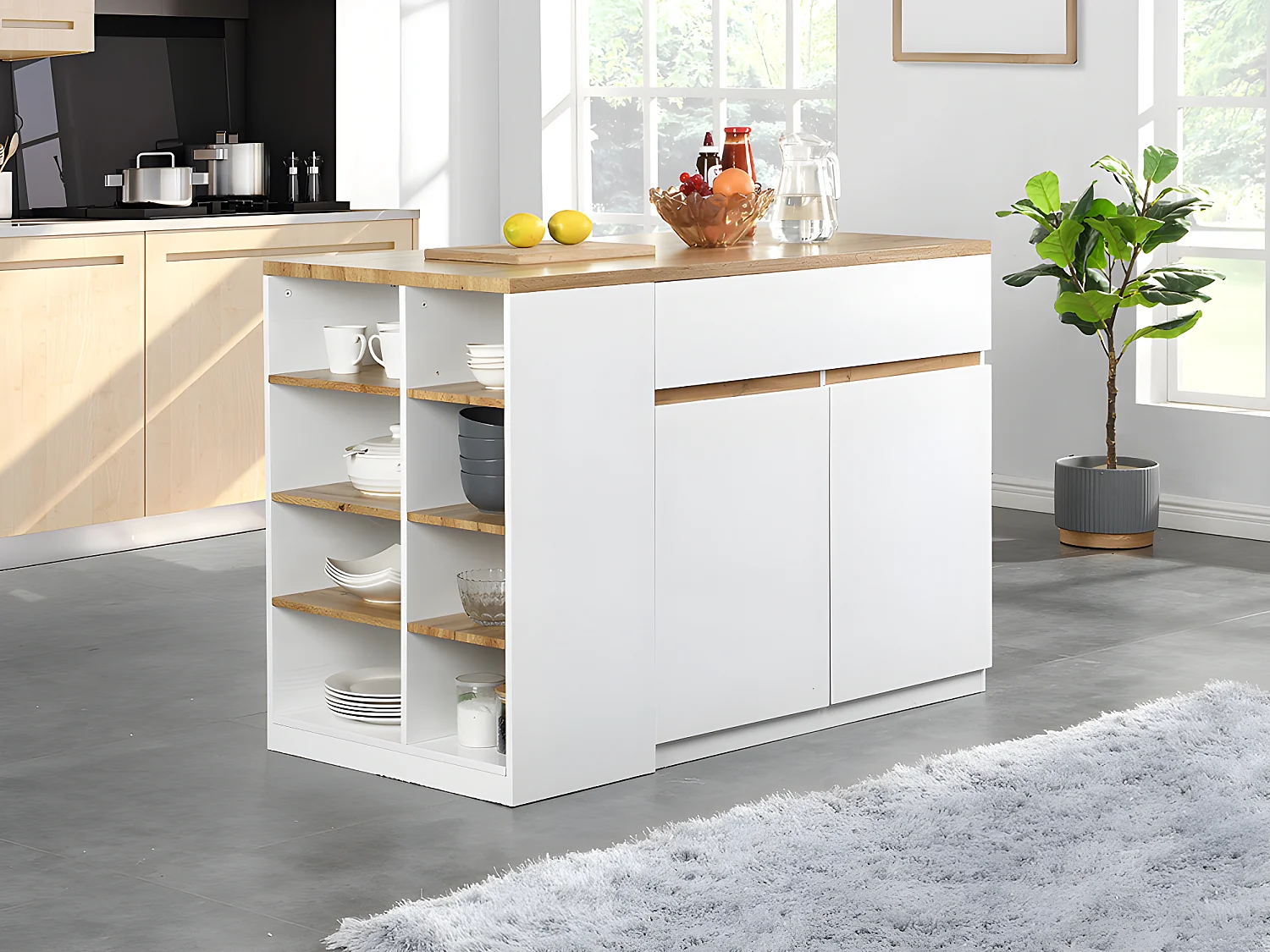 Ilot central de cuisine avec rangements - Blanc et Naturel - MEILI