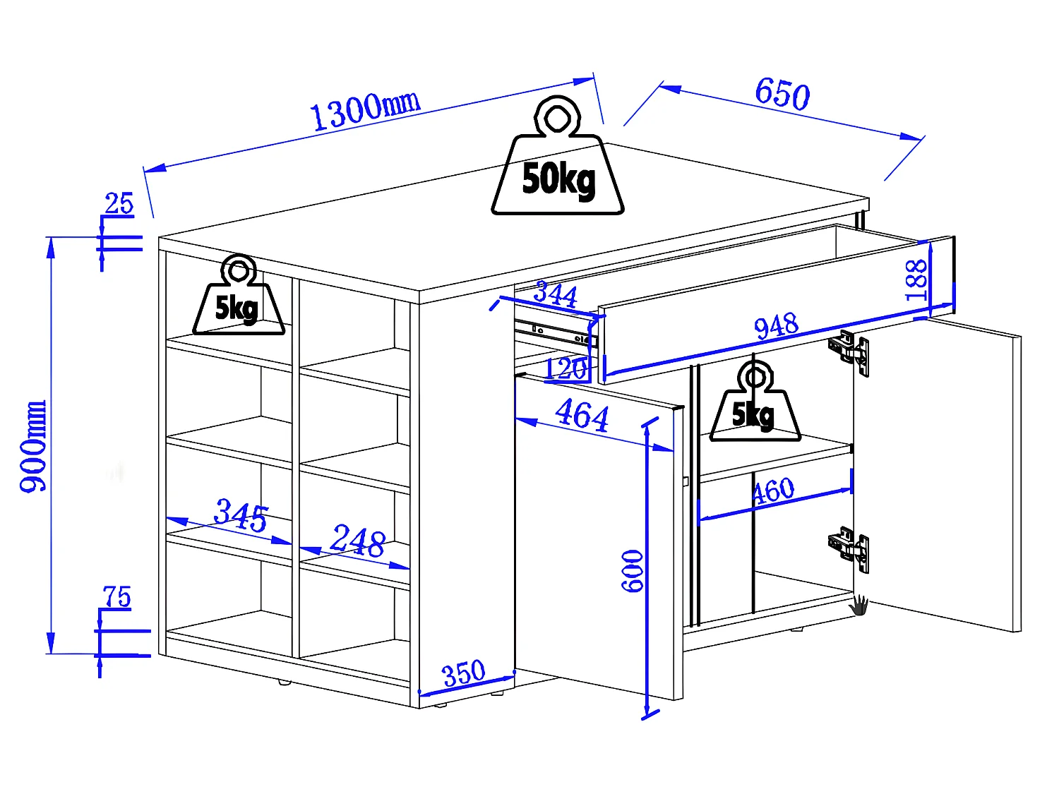 Isla de cocina MEILI con compartimentos - Blanco y roble