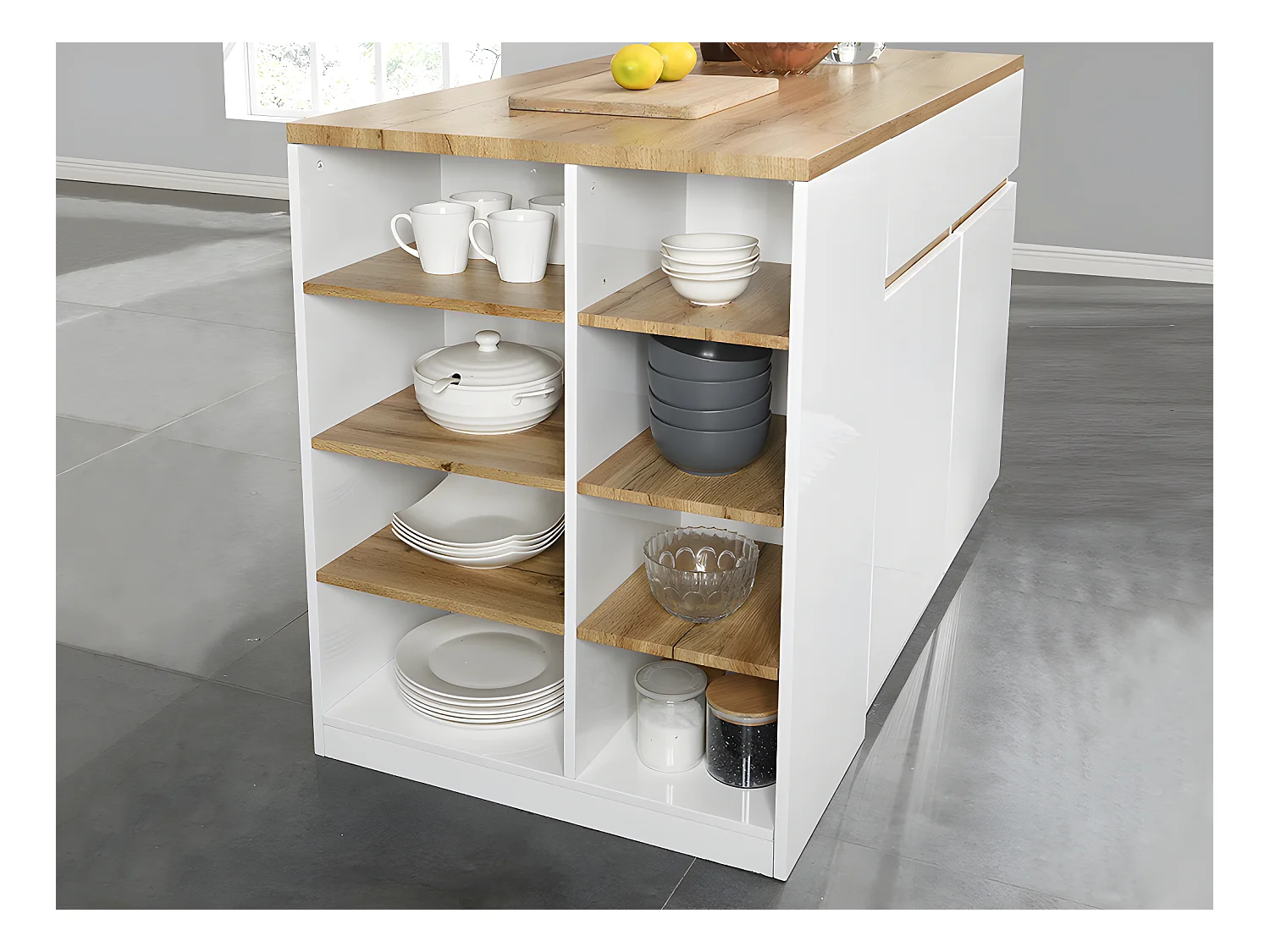 Ilot central de cuisine avec rangements - Blanc et Naturel - MEILI