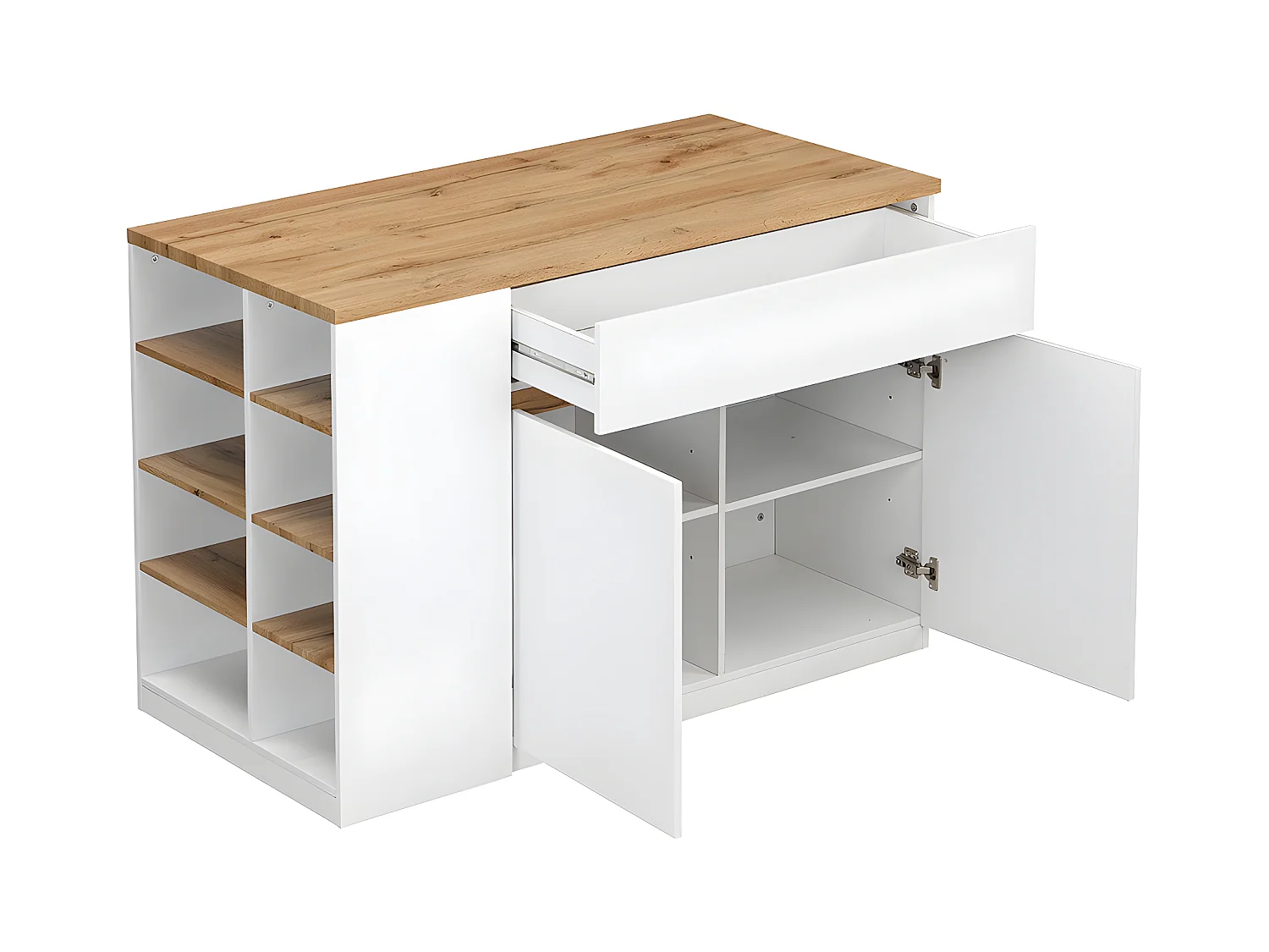 Ilot central de cuisine avec rangements - Blanc et Naturel - MEILI