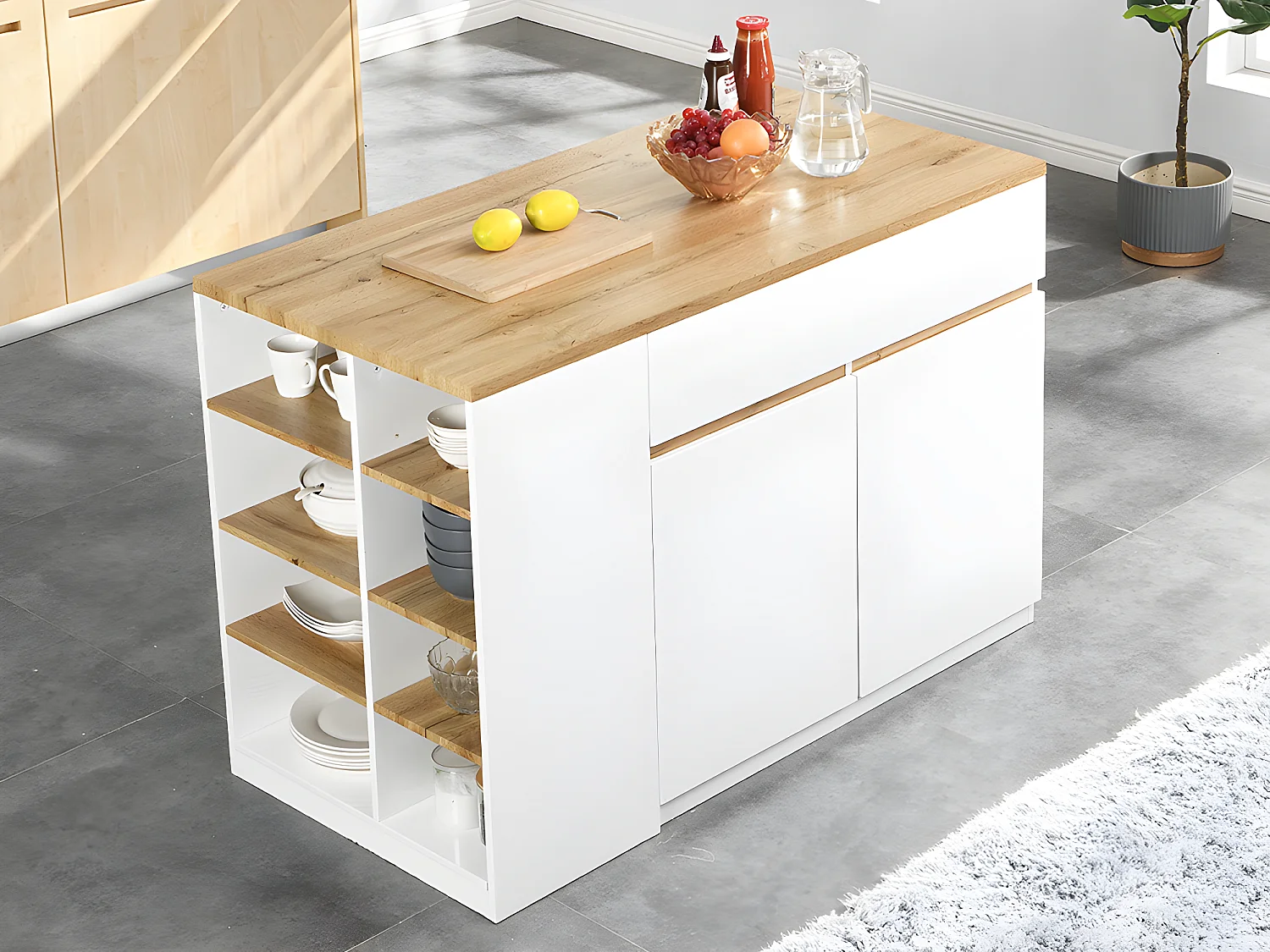 Ilot central de cuisine avec rangements - Blanc et Naturel - MEILI