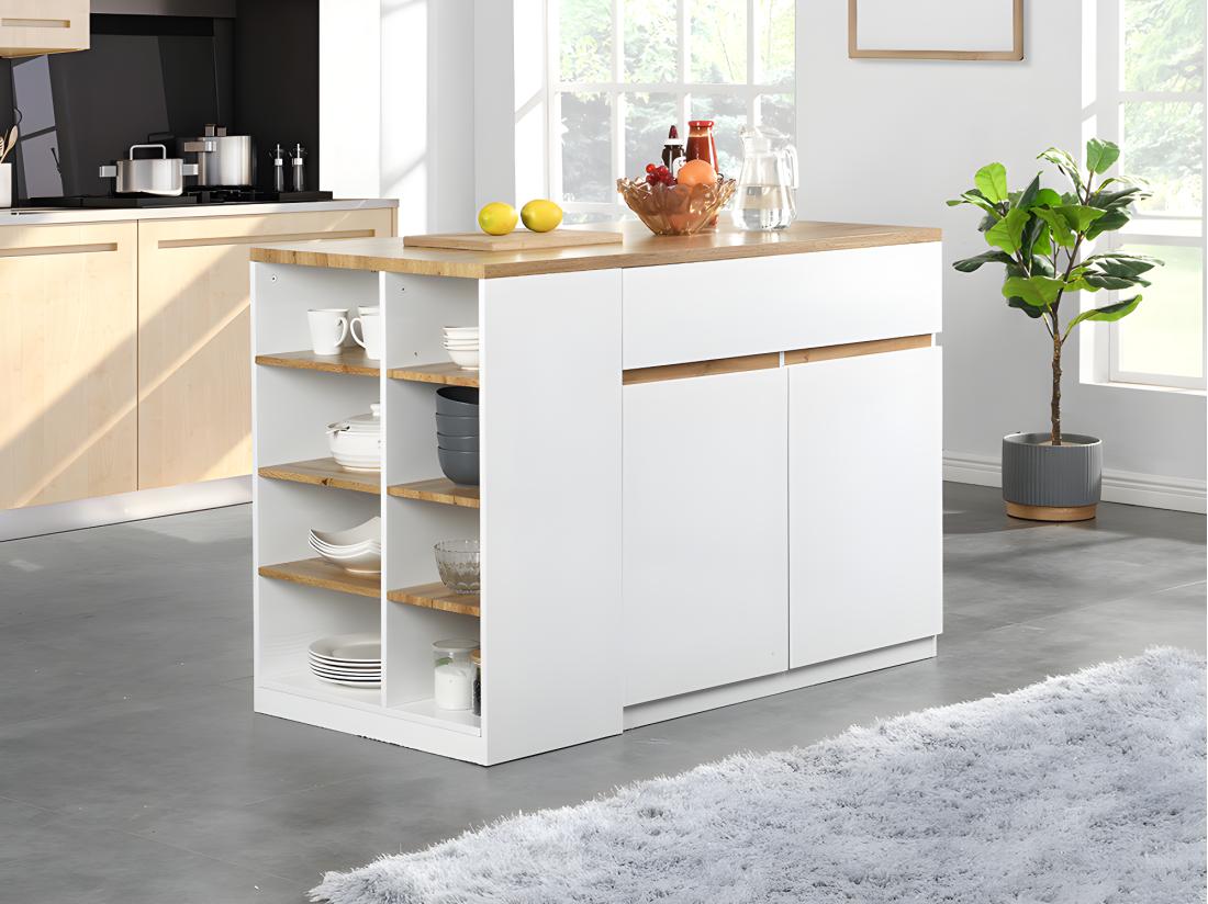 vente unique Ilot central de cuisine avec rangements - Blanc et Naturel - MEILI