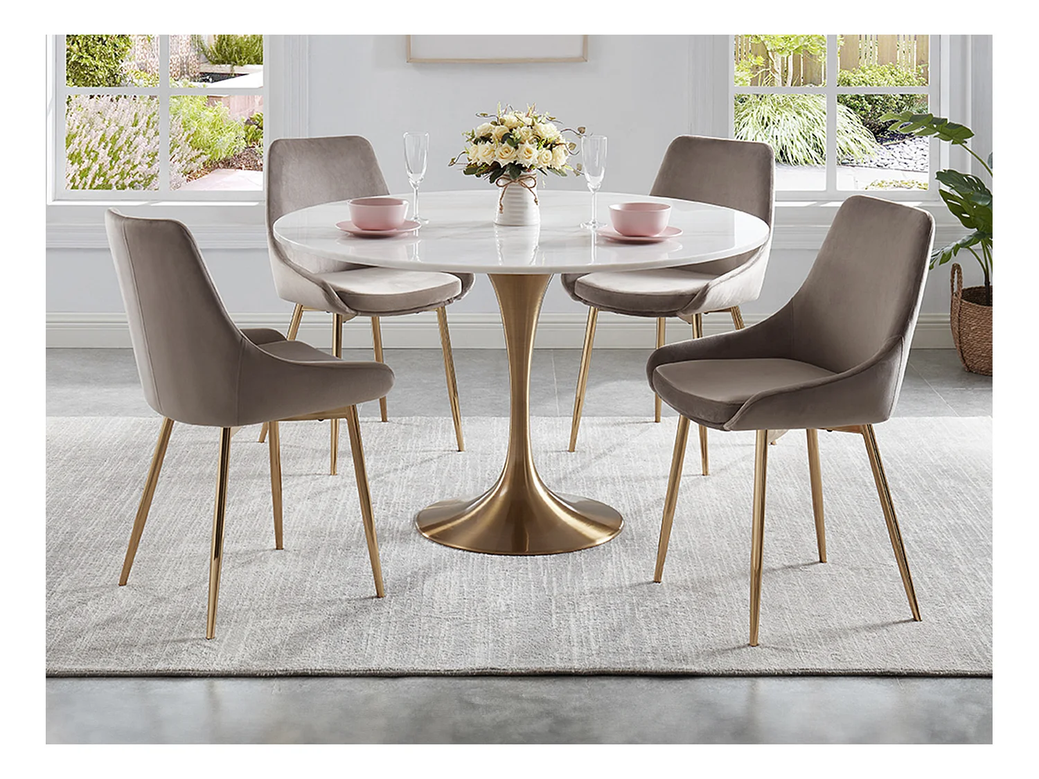 Lot de 6 chaises MASURIE - Velours et métal doré - Taupe
