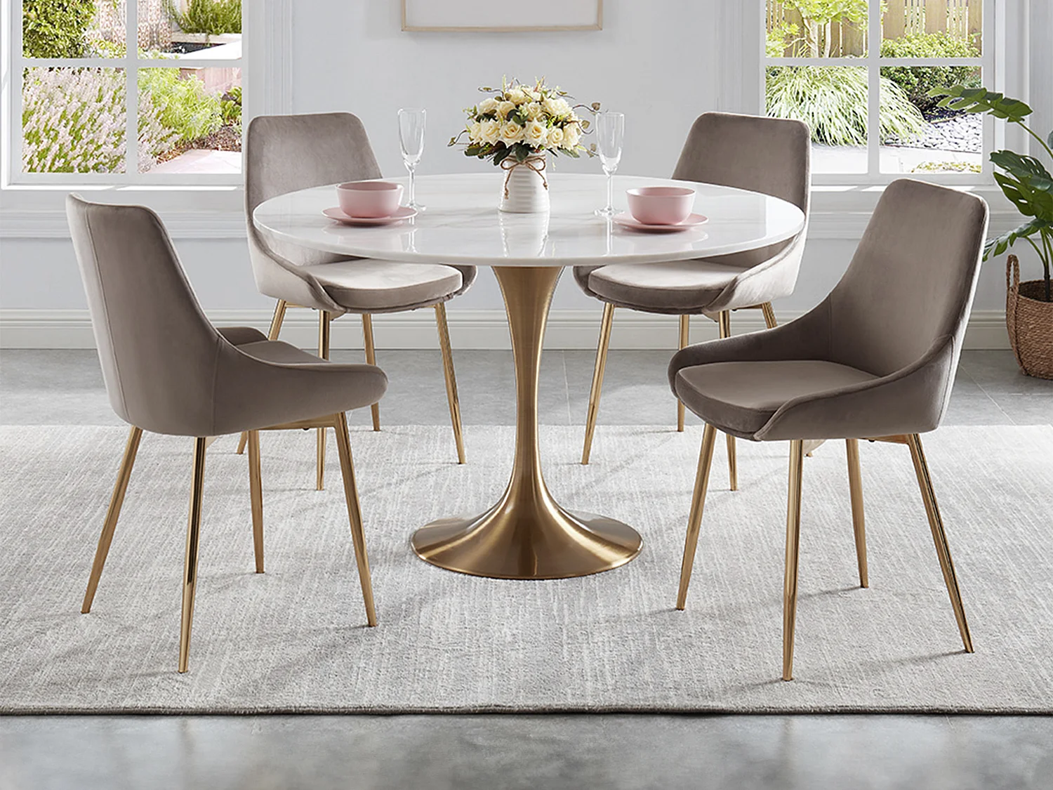 Lot de 6 chaises MASURIE - Velours et métal doré - Taupe