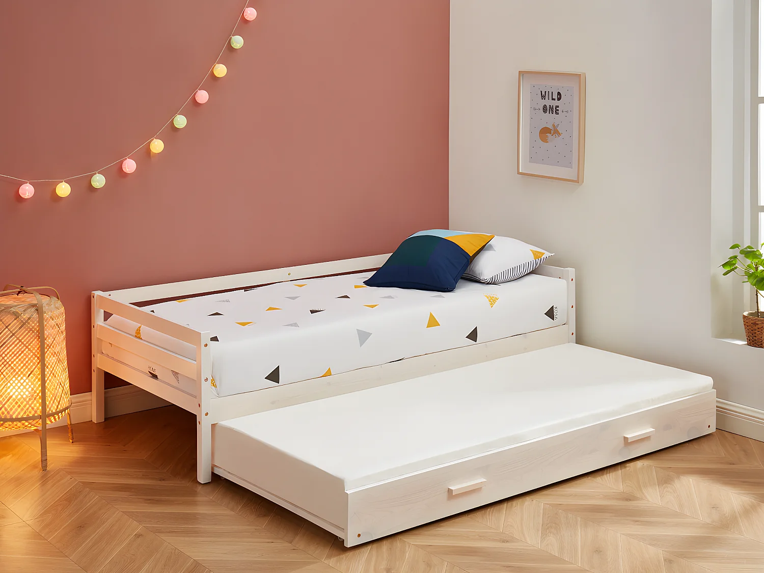 Cama nido AEDAN II - 2 x 90 x 190 cm - Pino macizo y MDF - Blanca
