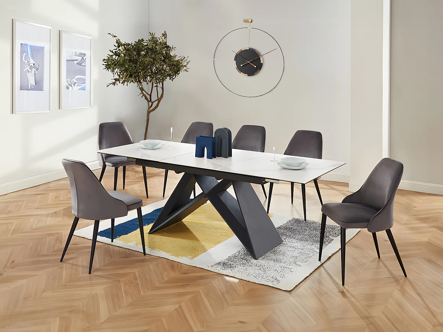 Table à manger extensible LIBSY - 6 à 8 personnes - Céramique et Métal - Blanc de Maison Céphy