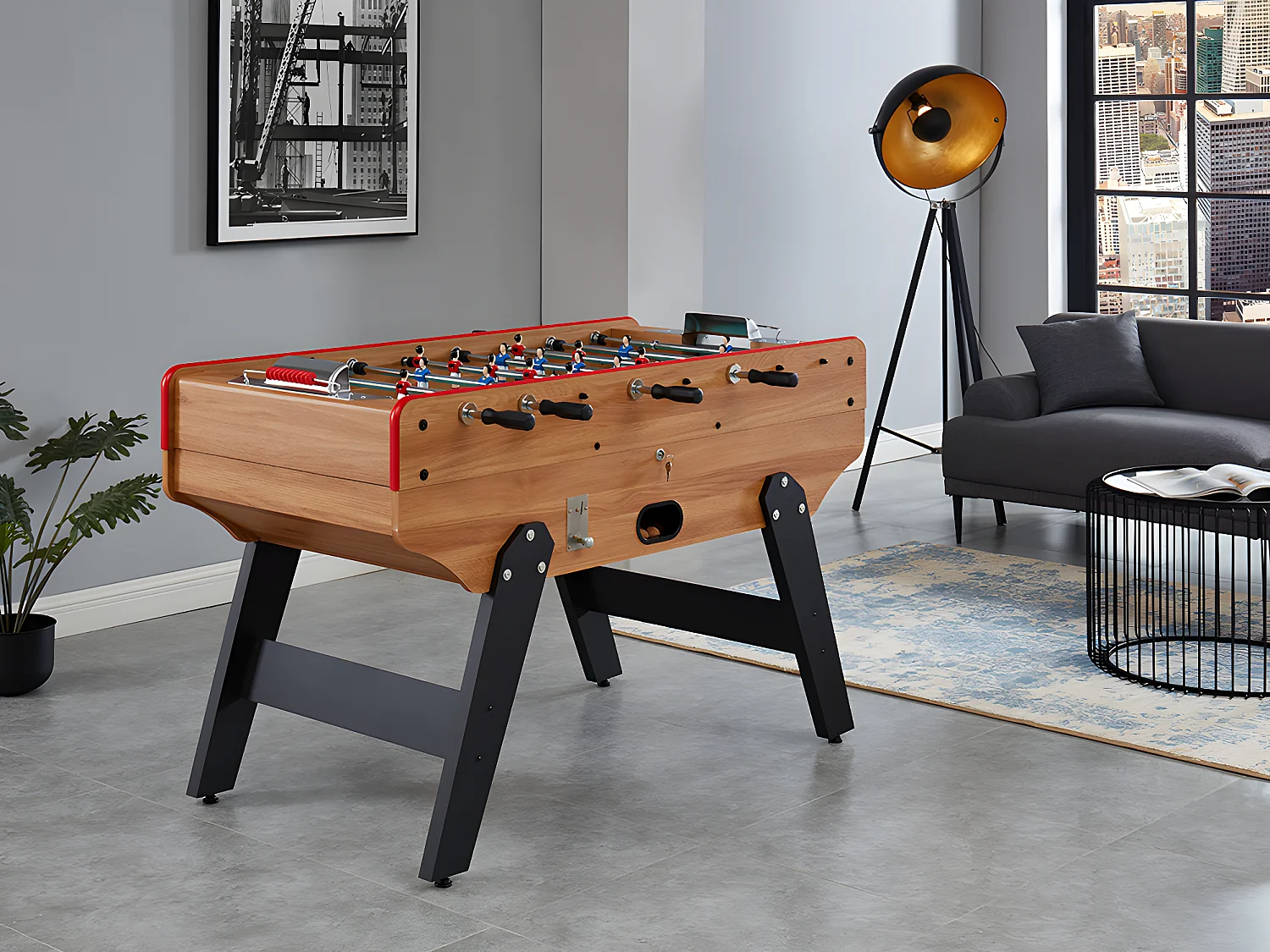 Tischfußballtisch mit Münzeinwurf - 153 x 77,6 x 96 cm - MDF - Eichefarben - HENRY