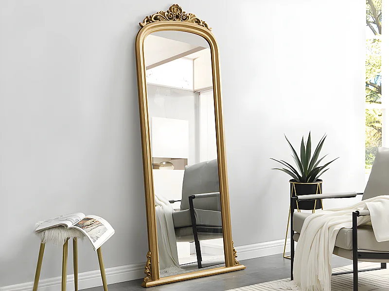 Grand miroir en bois de paulownia avec moulures - H.180 cm - Doré - MERRY