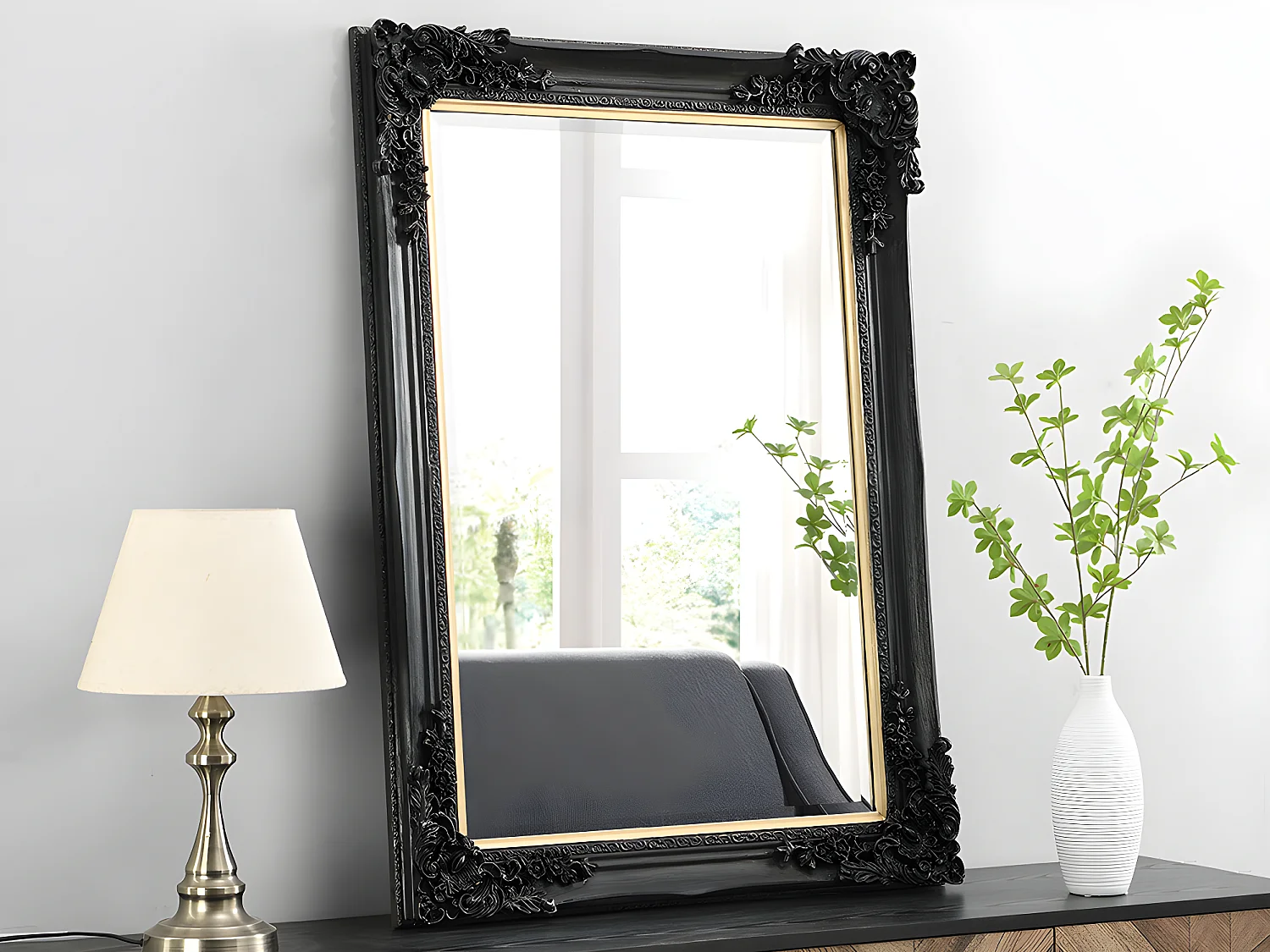 Miroir biseauté en bois d'eucalyptus avec moulures - L. 79 x H. 109 cm - Noir - ATALAYA