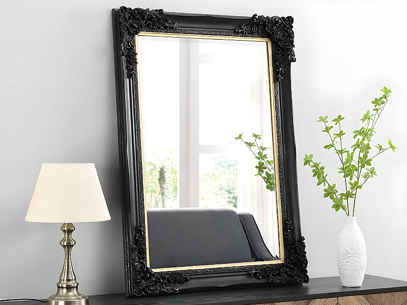 Miroir biseauté en bois d'eucalyptus avec moulures - L. 79 x H. 109 cm - Noir - ATALAYA