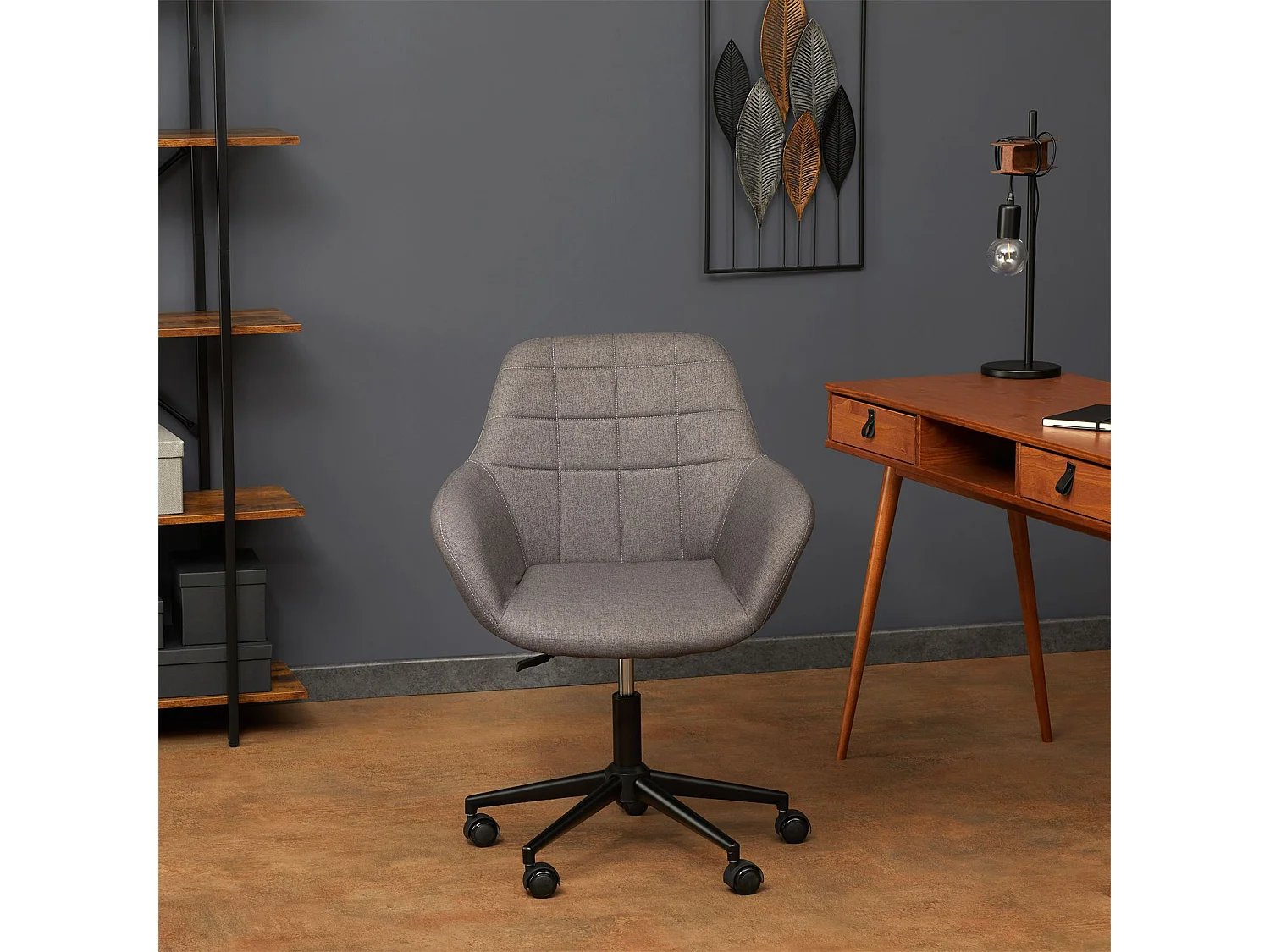 Fauteuil de bureau YANKEE chaise pivotante avec accoudoirs, siège à roulettes réglable en hauteur, revêtement en tissu gris foncé