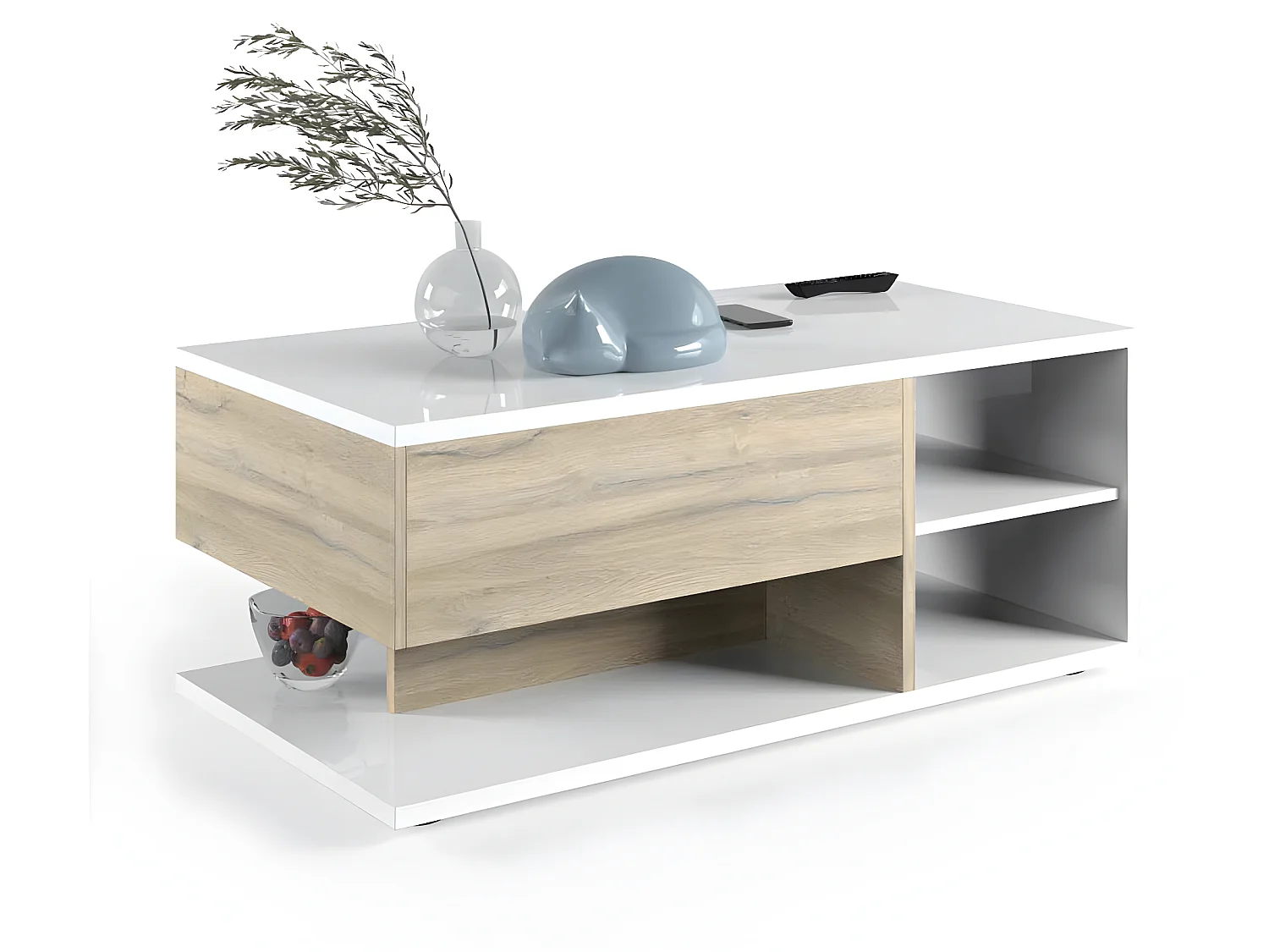 Table basse 2 niches Blanc laqué/Chêne doré - STAIN