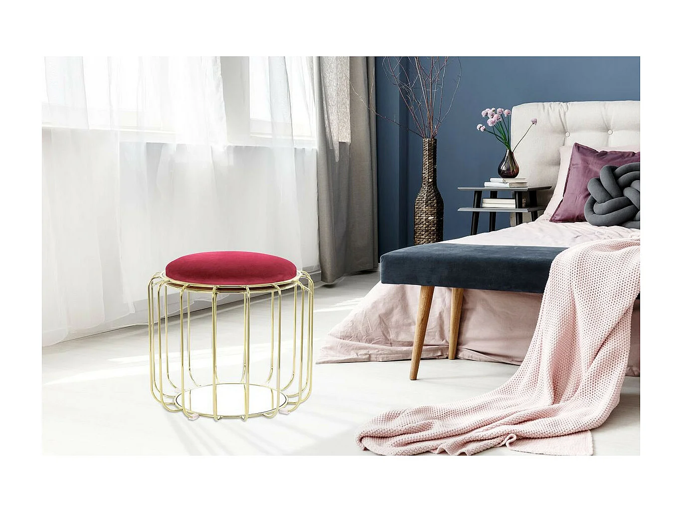 Pouf & Table d'Appoint "Comfortable" 50cm Rouge & Or