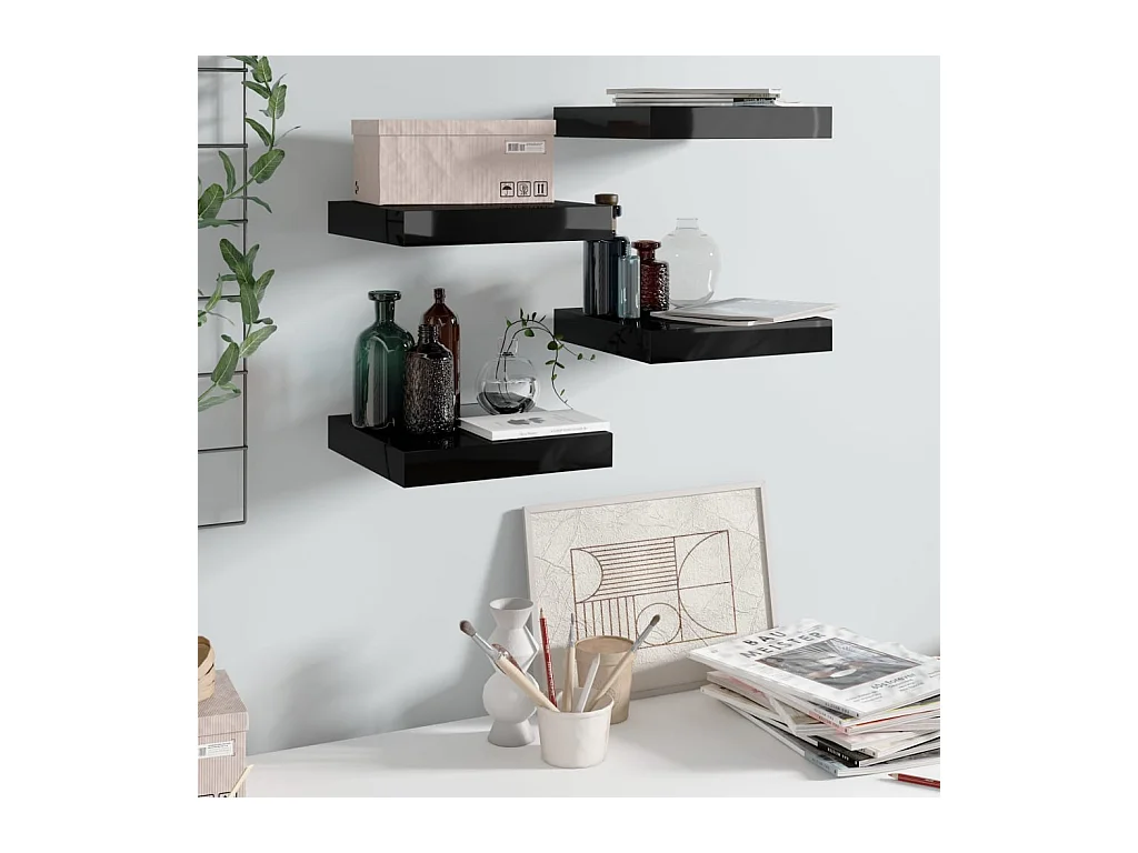Étagère murale flottante 4 pcs Noir brillant 23x23,5x3,8 cm MDF