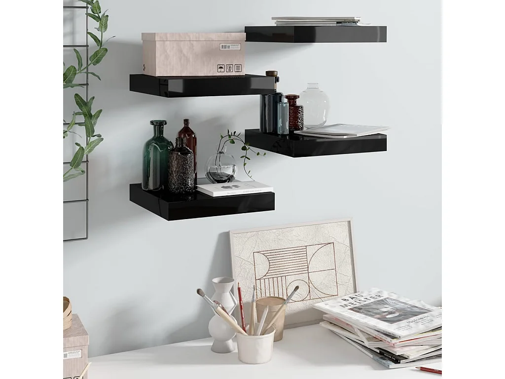 Étagère murale flottante 4 pcs Noir brillant 23x23,5x3,8 cm MDF