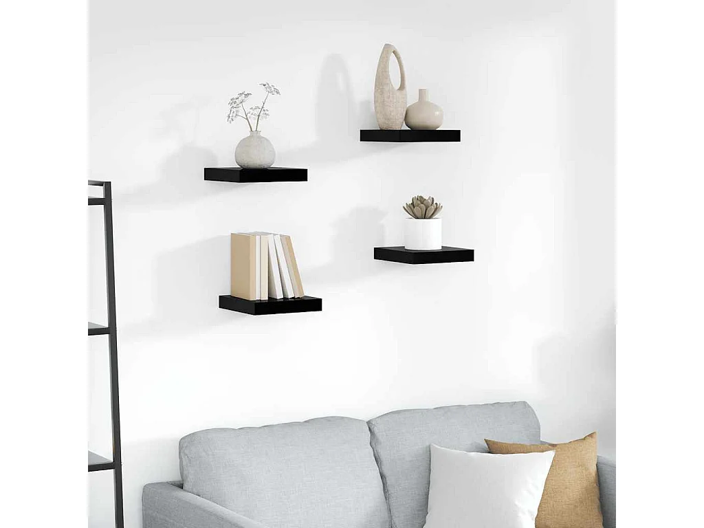 Estante flotante de pared 4 uds MDF negro brillo 23x23,5x3,8cm