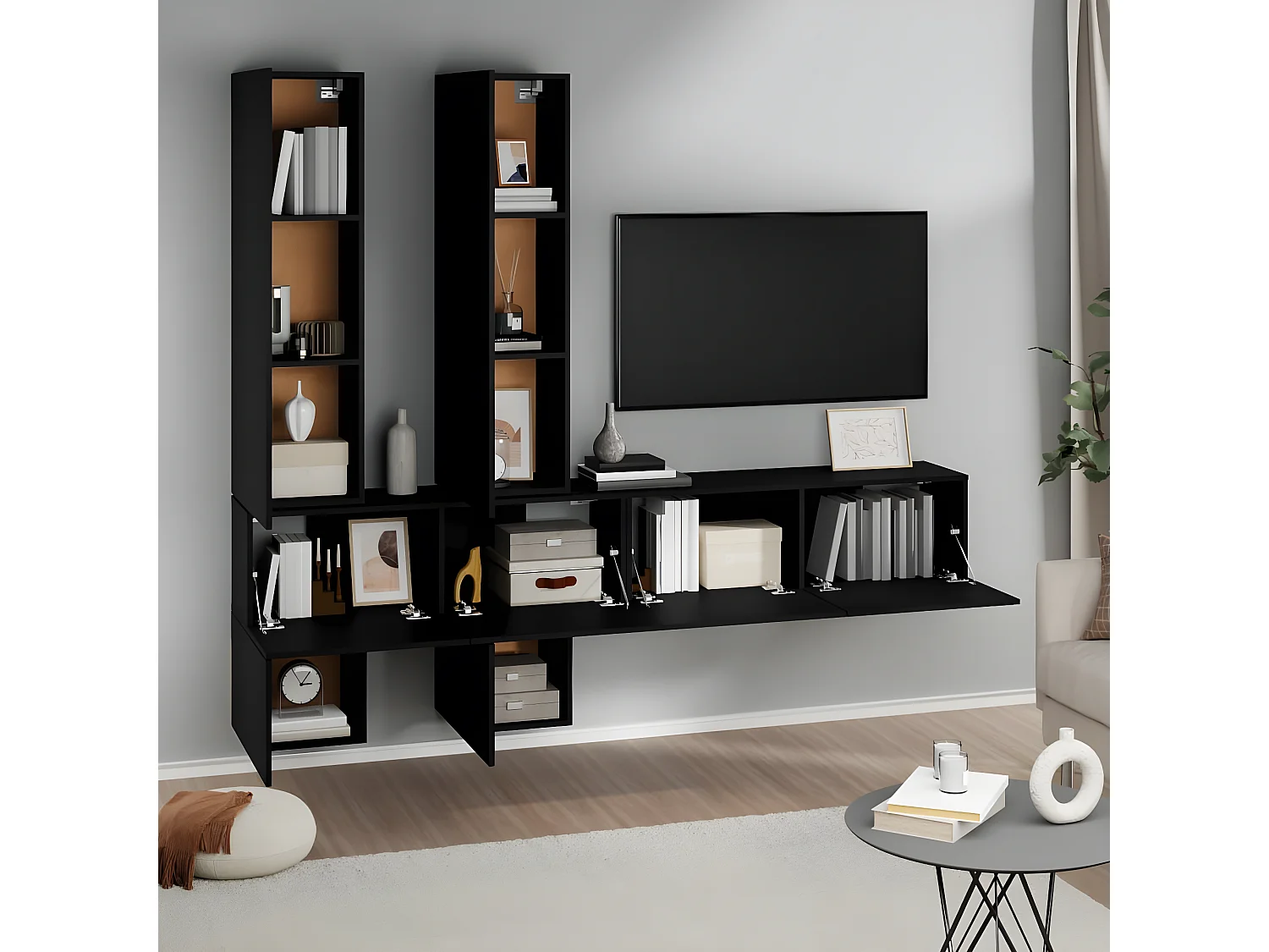 Meuble TV mural Noir Bois d'ingénierie