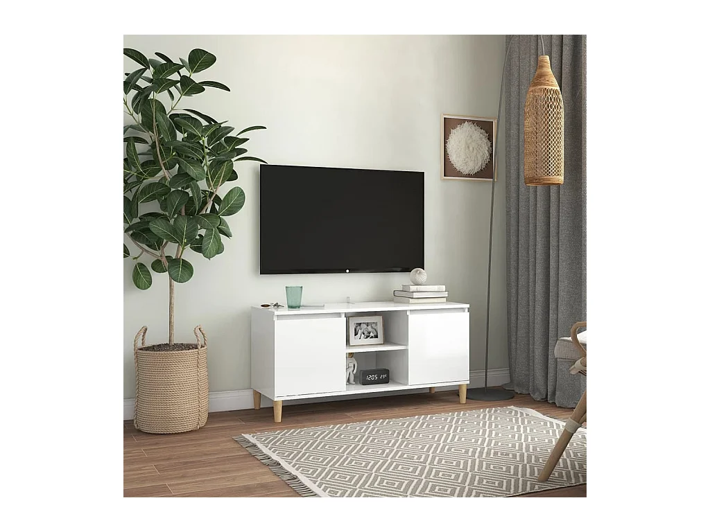 Mobile TV con Gambe Legno Massello Bianco Lucido 103,5x35x50 cm