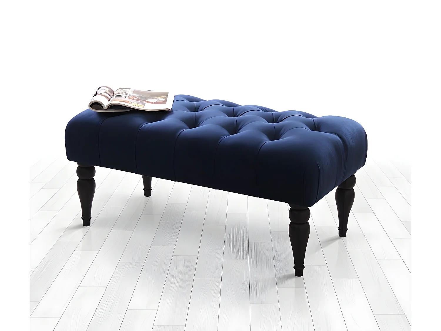 Banc chesterfield Dugon L92cm Bois Noir et Velours Bleu marine