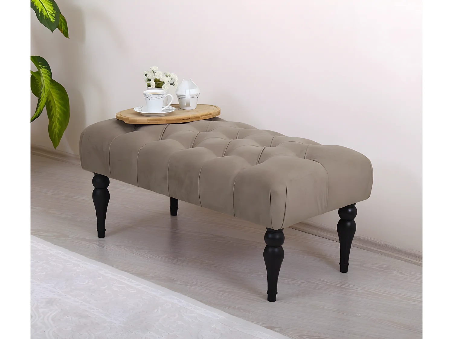 Banc chesterfield Dugon L92cm Bois Noir et Velours Marron