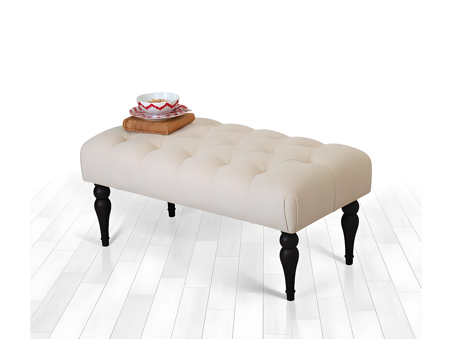 Banc chesterfield Dugon L92cm Bois Noir et Velours Blanc crème