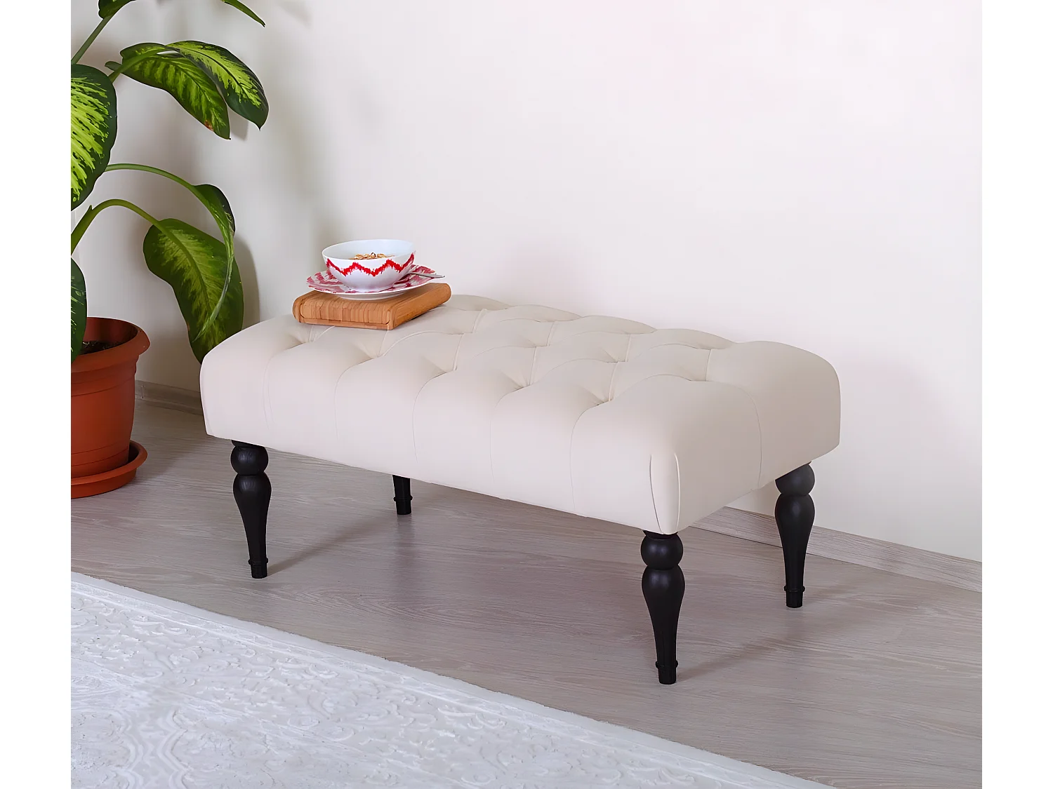 Banc chesterfield Dugon L92cm Bois Noir et Velours Blanc crème