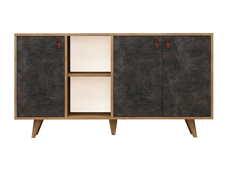 Buffet 3 Türen und 2 Fächern Dekor Eiche und Anthrazitstein L140 cm - Planky