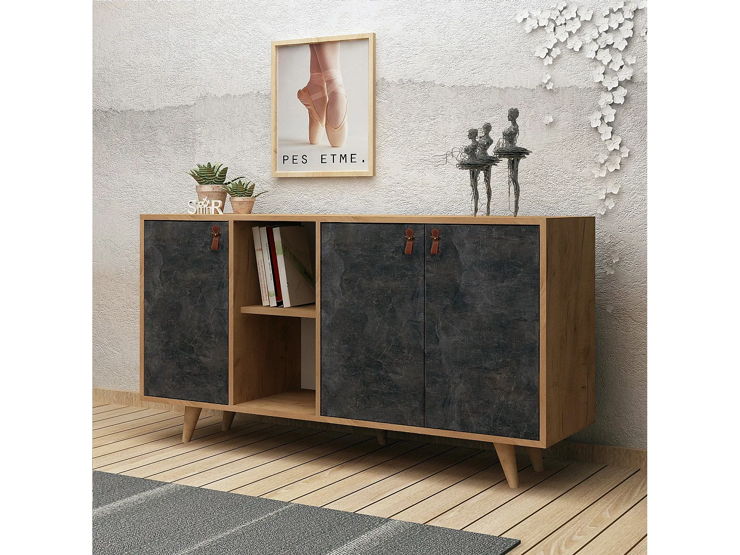 Aparador Planky color roble Gris oscuro 140x40x86 cm