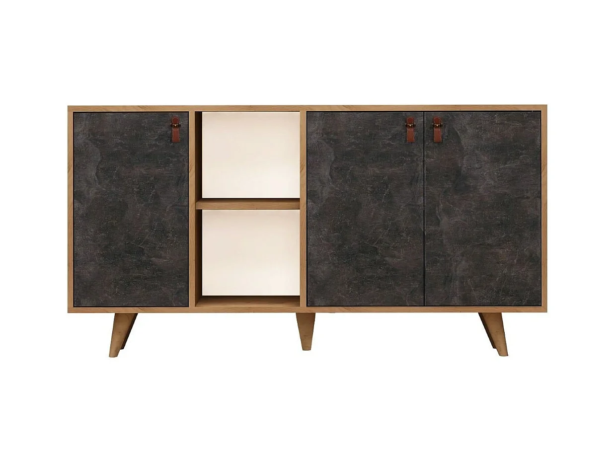 Buffet 3 portes et 2 niches décor chêne et anthracite L140 cm - PLANKY