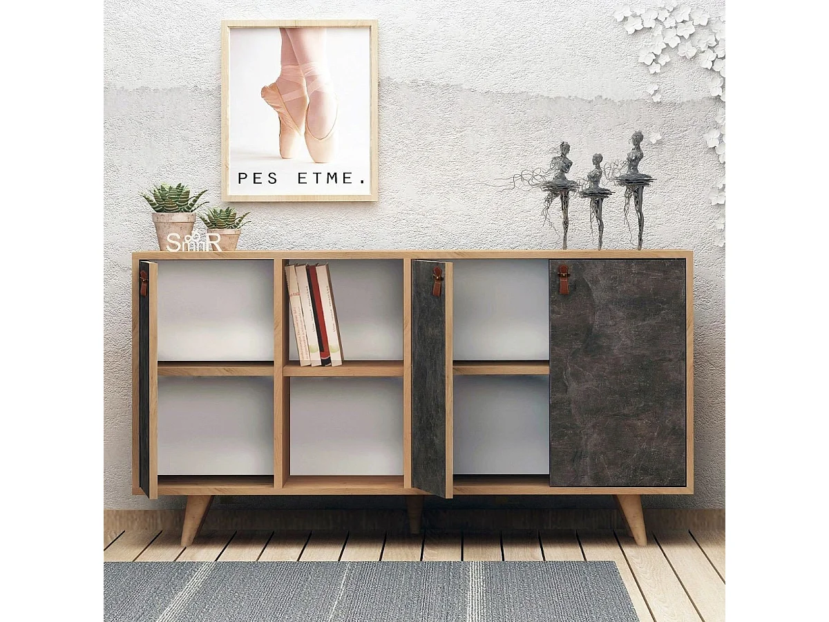 Aparador – 140 cm x 86 cm x 40 cm – Carvalho e Cinza Escuro – Painéis de Partículas