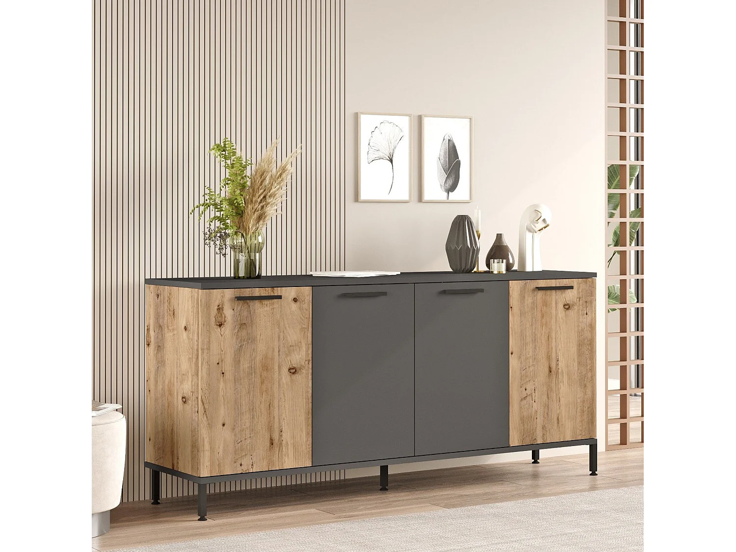 Aparador Kailua 2166, Antracita|Pino, 72x160x40cm, Aglomerado laminado