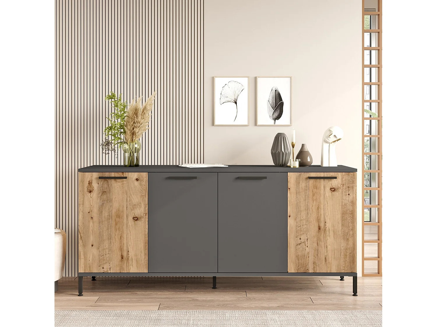 Elegantes Sideboard, Atlantic Pine und Anthrazit, 160 x 71,8 x 40 cm | 100 % melaminbeschichtete Spanplatte, 18 mm stark | Perfekt für moderne Räume