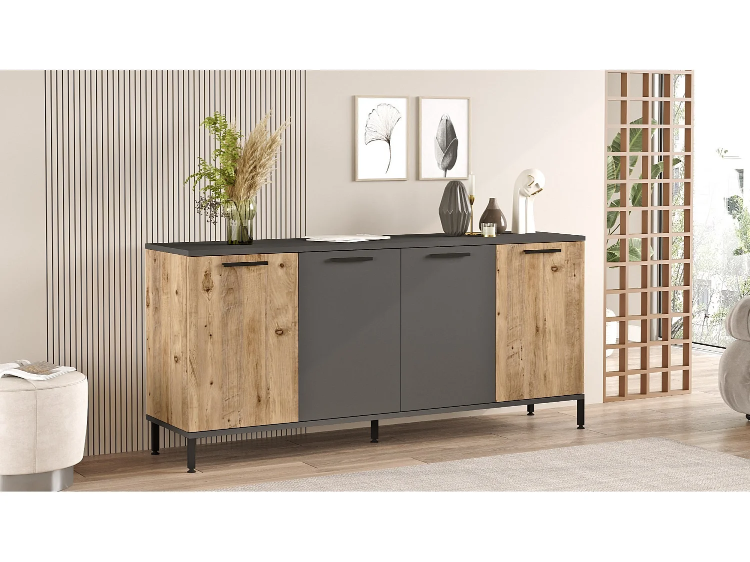 Elegantes Sideboard, Atlantic Pine und Anthrazit, 160 x 71,8 x 40 cm | 100 % melaminbeschichtete Spanplatte, 18 mm stark | Perfekt für moderne Räume