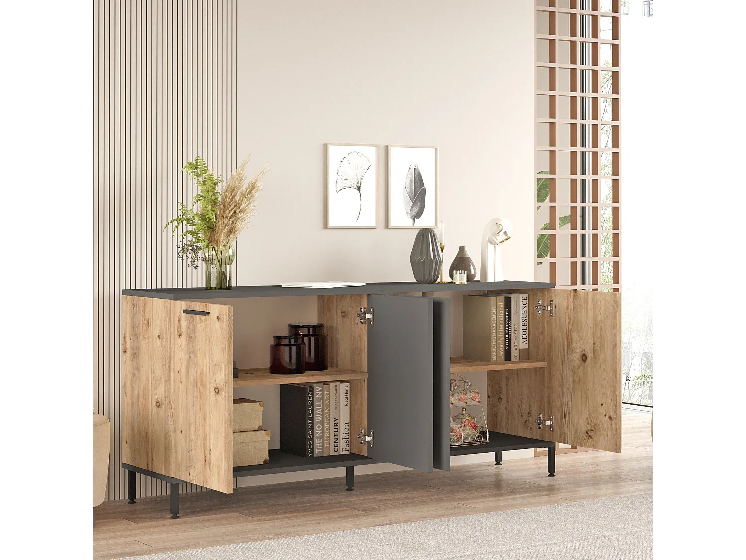 Elegantes Sideboard, Atlantic Pine und Anthrazit, 160 x 71,8 x 40 cm | 100 % melaminbeschichtete Spanplatte, 18 mm stark | Perfekt für moderne Räume