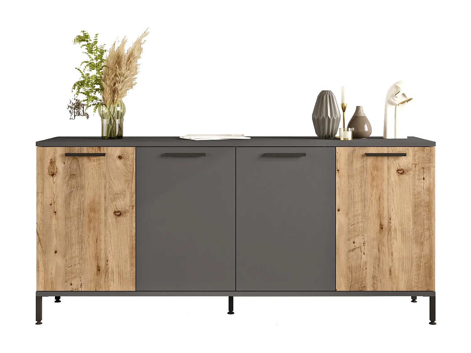 Elegantes Sideboard, Atlantic Pine und Anthrazit, 160 x 71,8 x 40 cm | 100 % melaminbeschichtete Spanplatte, 18 mm stark | Perfekt für moderne Räume
