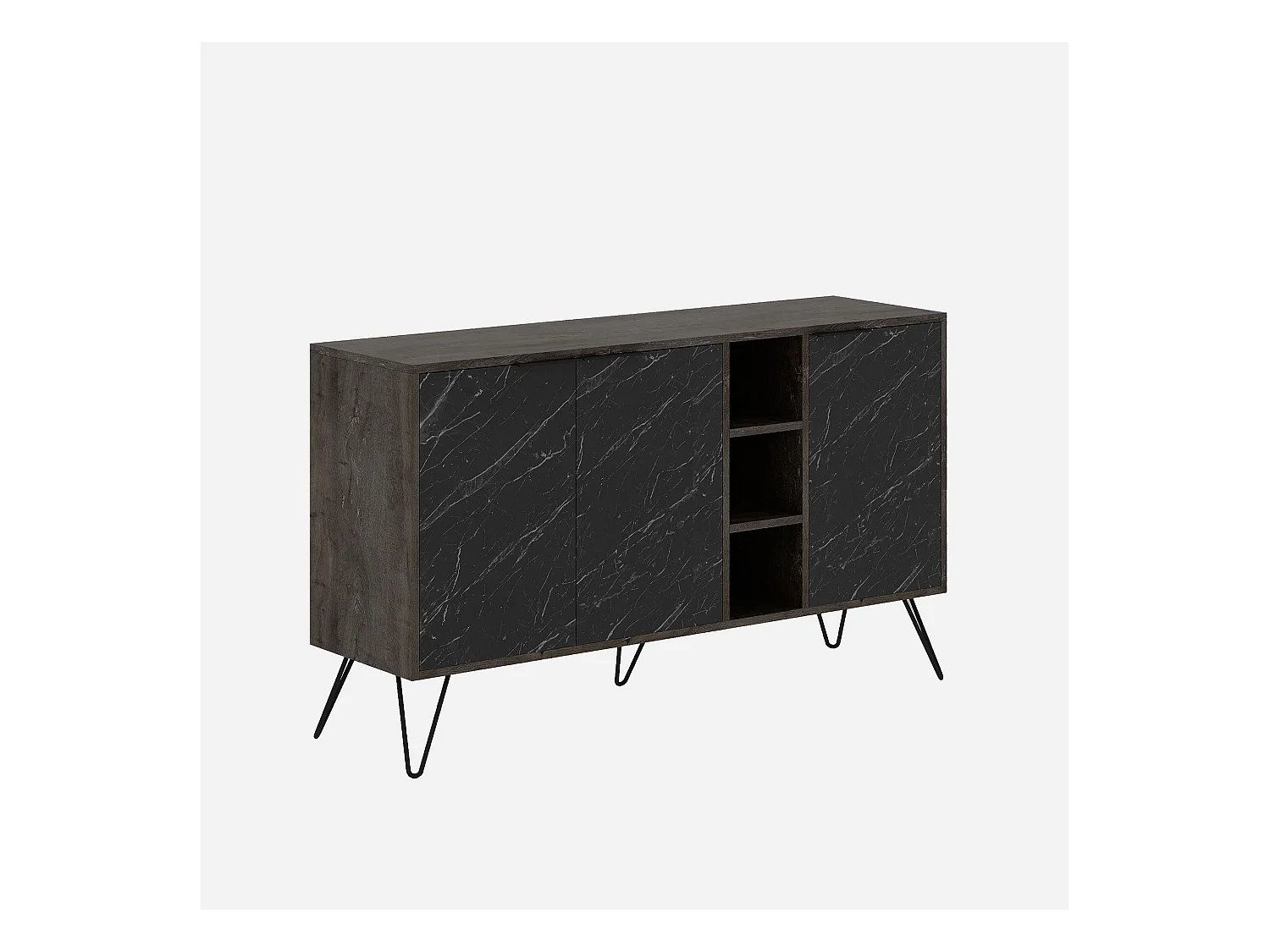 Buffet 3 portes pieds épingle Ginda L142cm Effet Marbre Noir et Bois foncé