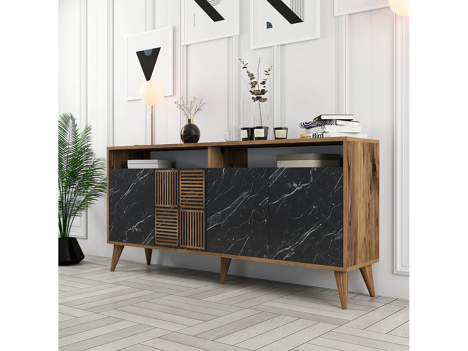 Buffet bas 4 portes et 2 tiroirs Kaltes L160cm Bois et Effet marbre Noir