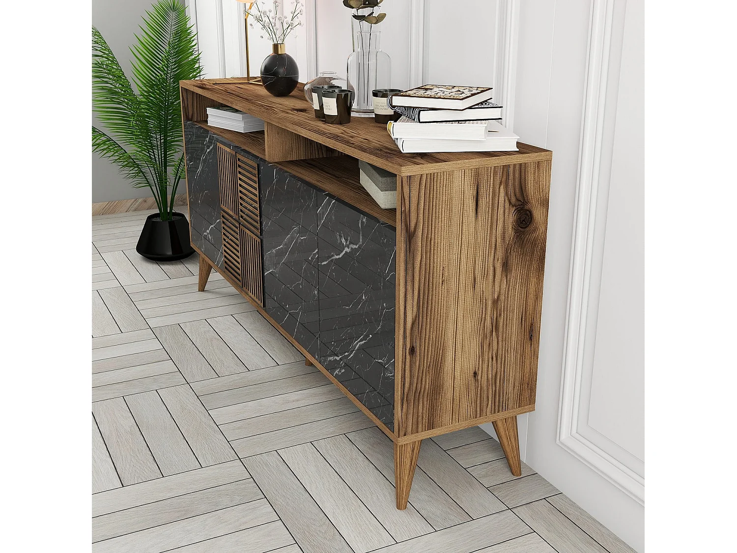 Buffet bas 4 portes et 2 tiroirs Kaltes L160cm Bois et Effet marbre Noir