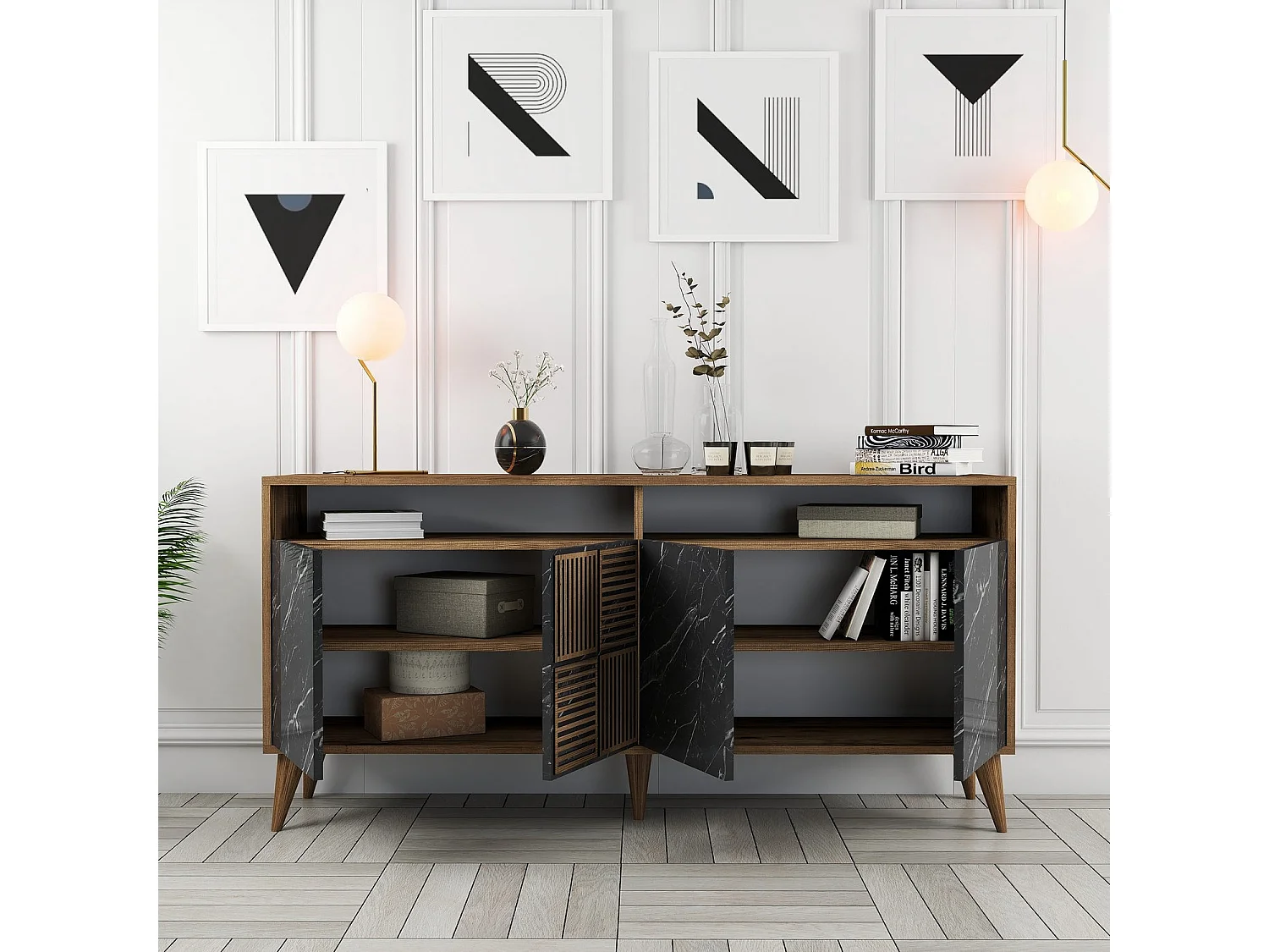Buffet bas 4 portes et 2 tiroirs Kaltes L160cm Bois et Effet marbre Noir