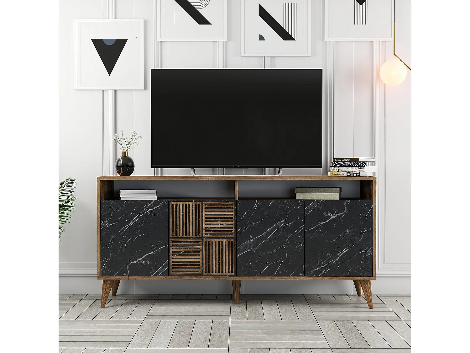 Modern dressoir – 160 x 78 x 35 cm – Walnoot en zwart marmer – 100% melamine