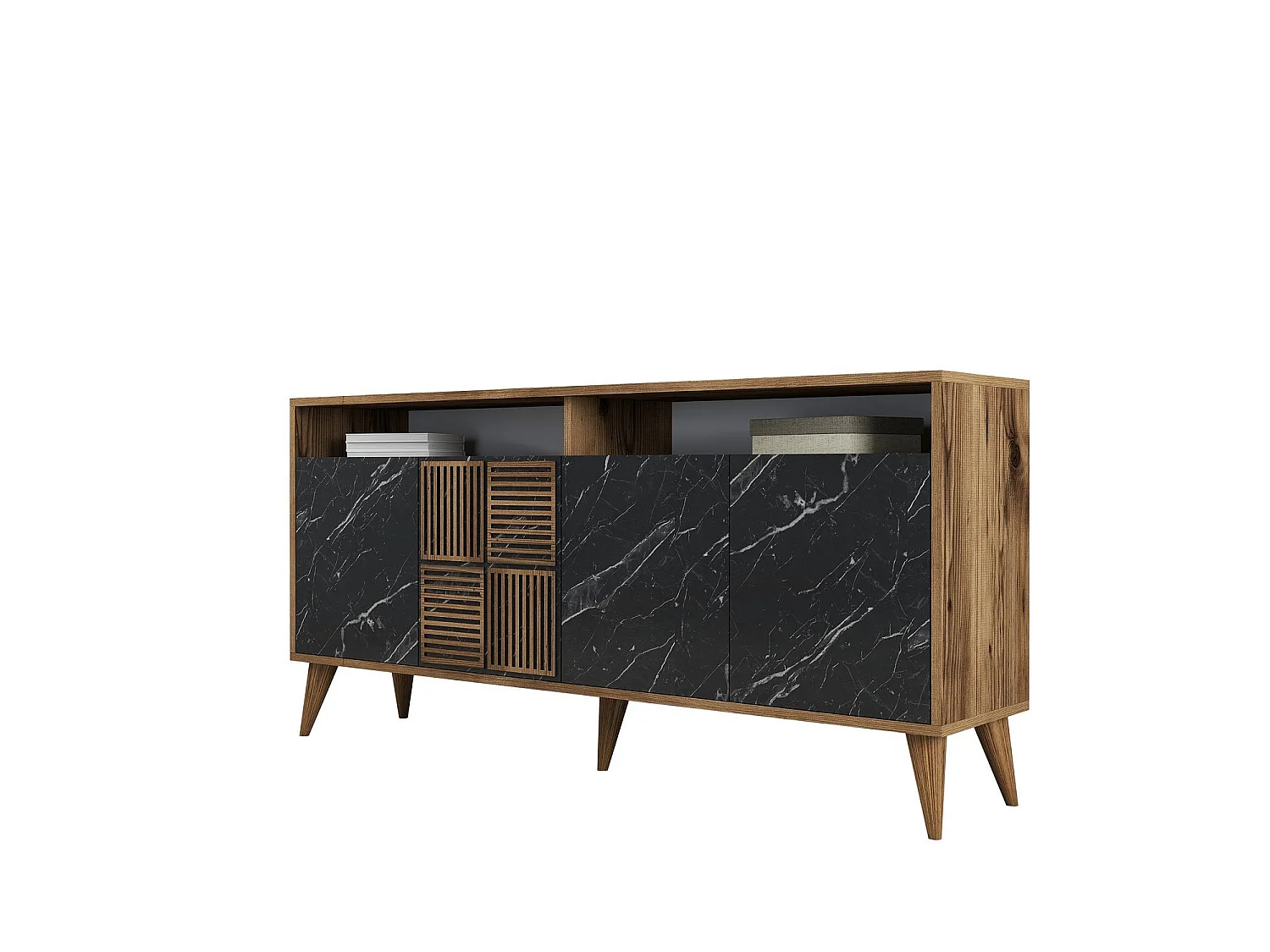 Modern dressoir – 160 x 78 x 35 cm – Walnoot en zwart marmer – 100% melamine