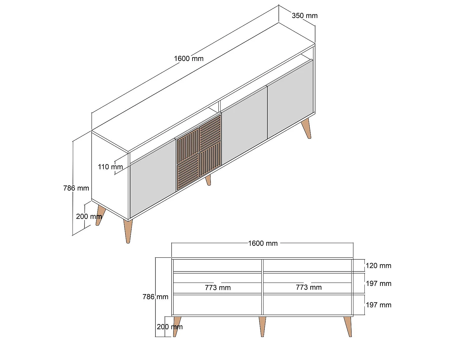Modern dressoir – 160 x 78 x 35 cm – Walnoot en zwart marmer – 100% melamine