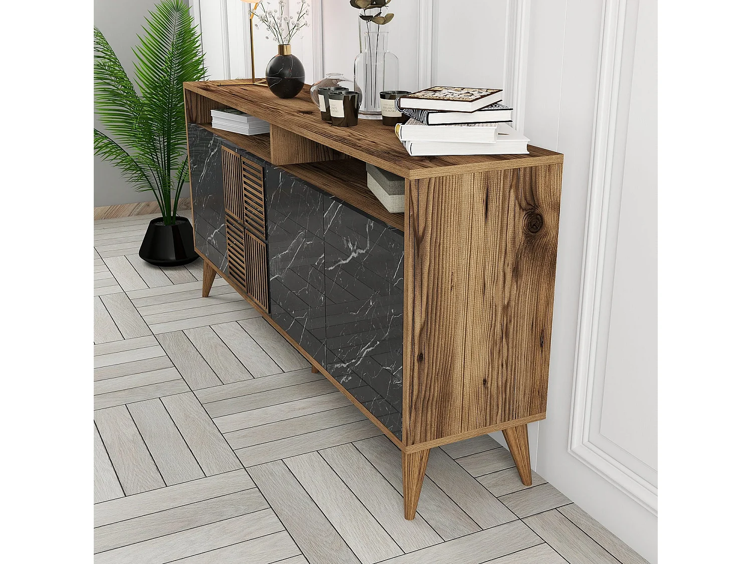 Modern dressoir – 160 x 78 x 35 cm – Walnoot en zwart marmer – 100% melamine