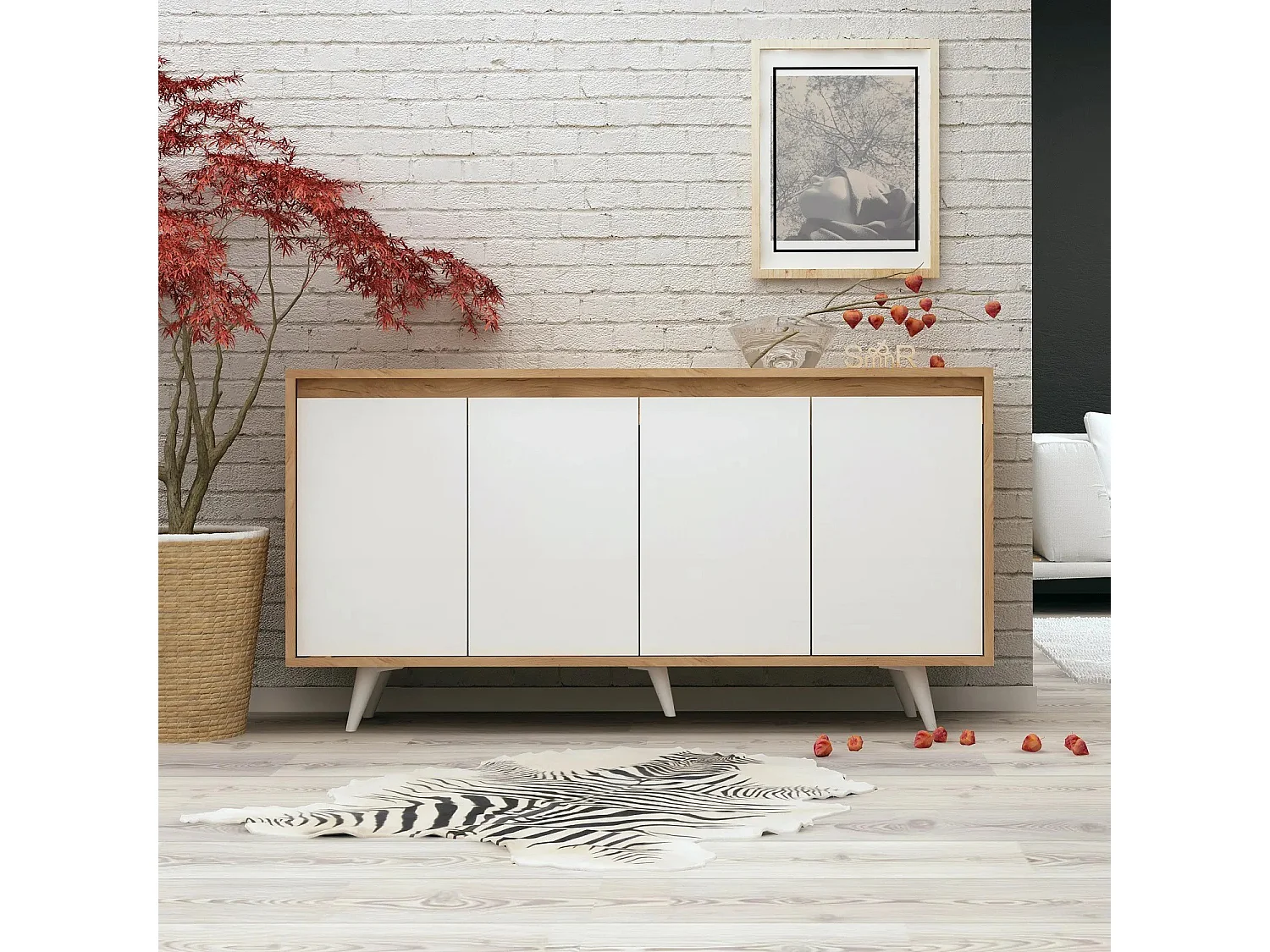 Buffet haut 4 portes Ophixis 140cm Bois Blanc et Chêne
