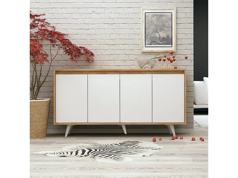 Buffet haut 4 portes Ophixis 140cm Bois Blanc et Chêne