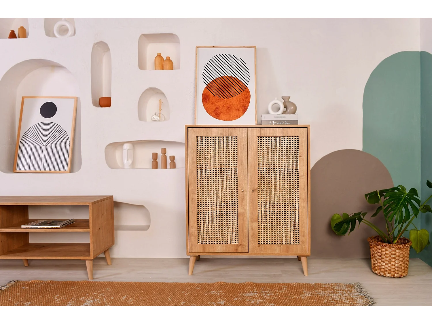 Aparador elegante de carvalho, 100% madeira de carpa, 90 x 40 x 110 cm | Pernas robustas de carpa | Perfeito para salas de estar e jantar modernas