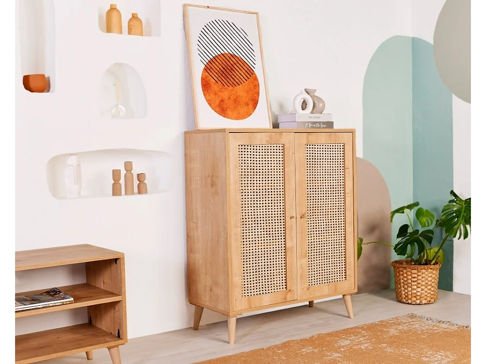 Aparador elegante de carvalho, 100% madeira de carpa, 90 x 40 x 110 cm | Pernas robustas de carpa | Perfeito para salas de estar e jantar modernas