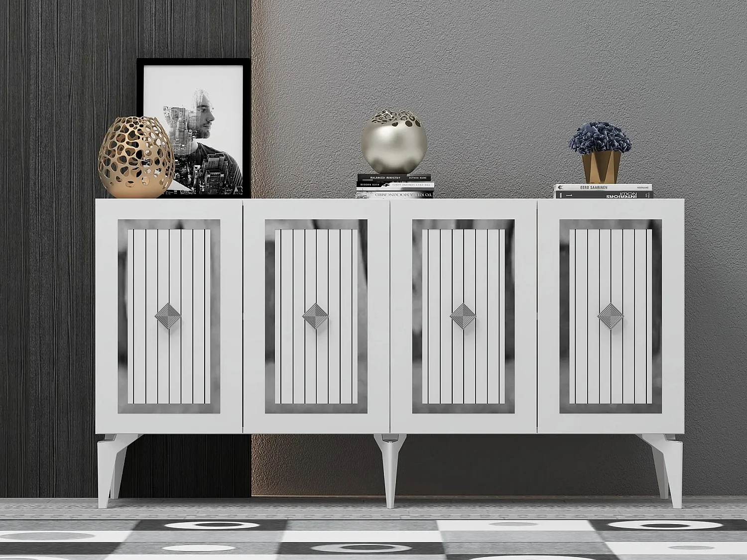 Buffet bas 4 portes design Lahave L150cm Blanc et Argent