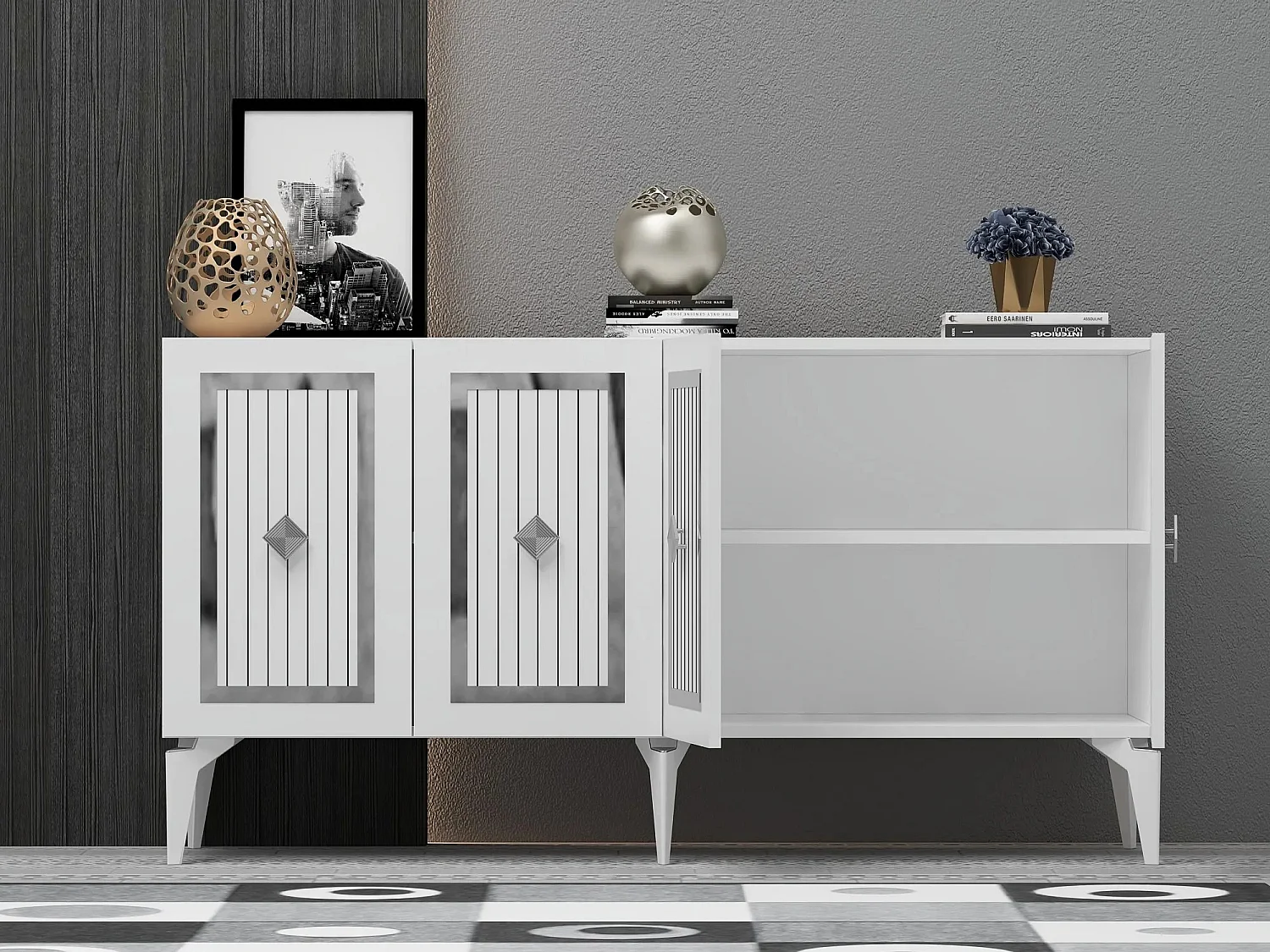 Buffet bas 4 portes design Lahave L150cm Blanc et Argent